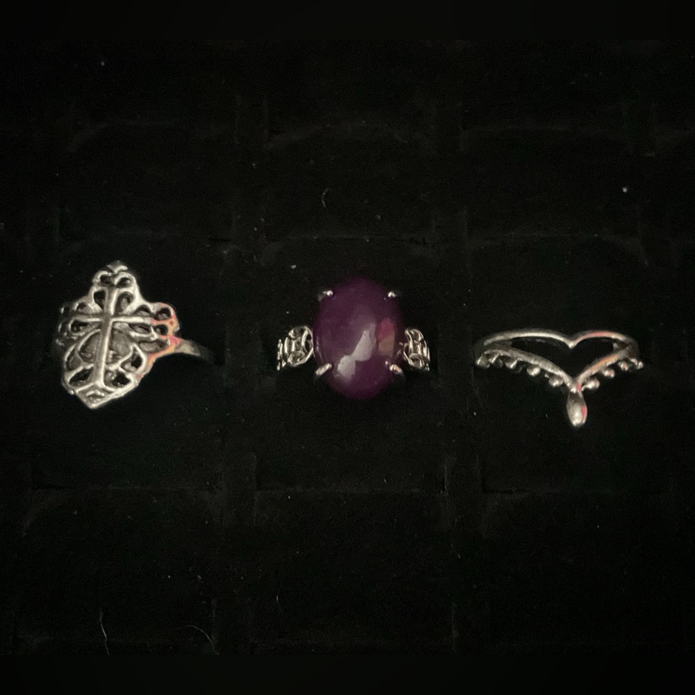New x3 Silver Tone Rings Synthetic Amethyst Purple Gem Cross Boho Set Size 5/6